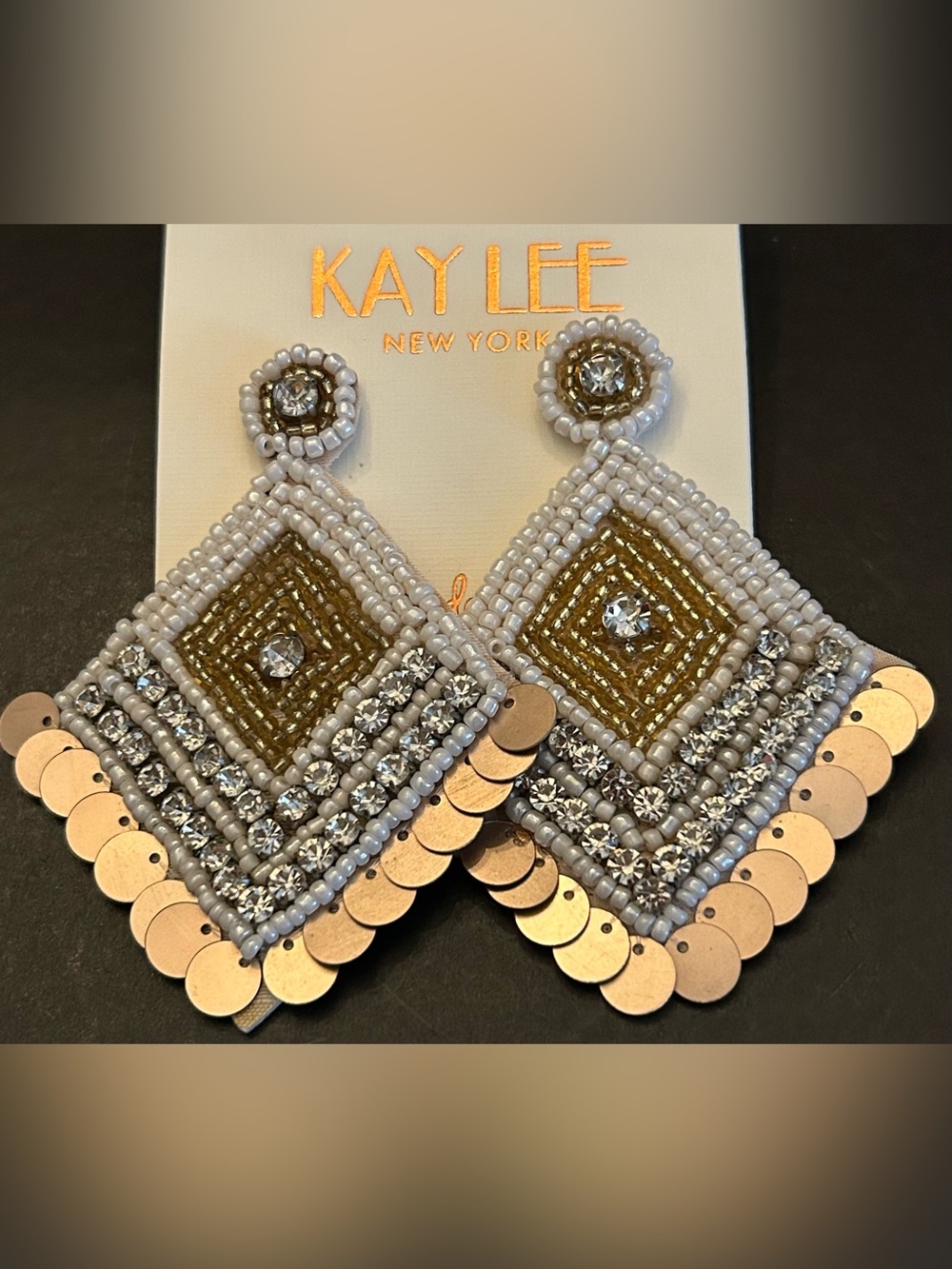 Kay Lee Gold & White Hand Beaded & Sequined Boho Statement Design Drop Earrings